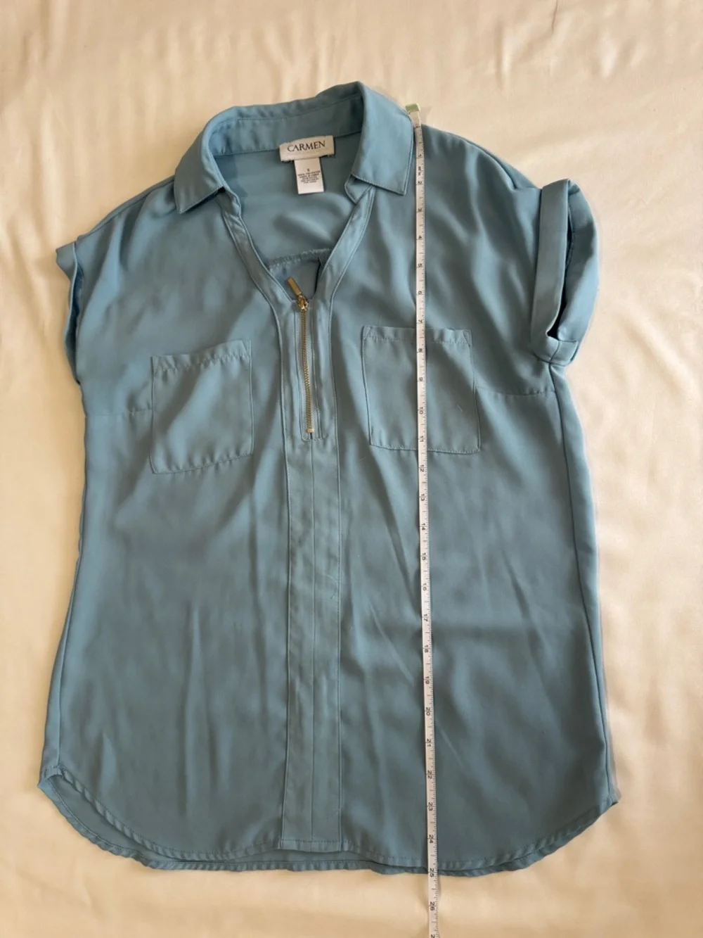 Blue Zip-Front Cap Sleeve Blouse - Picture 5 of 10